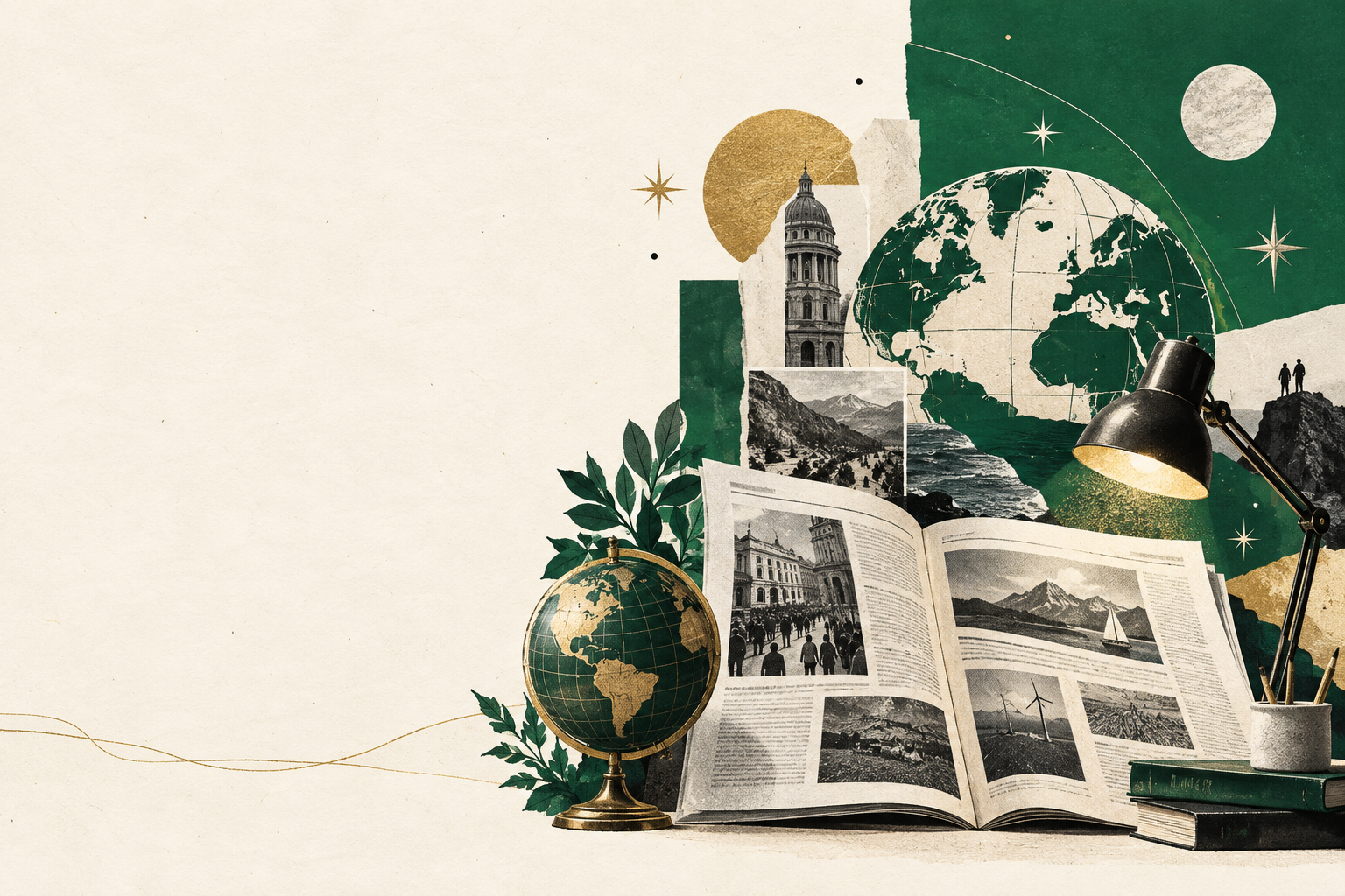 A world globe, newspaper, and desk lamp representing global stories and ideas